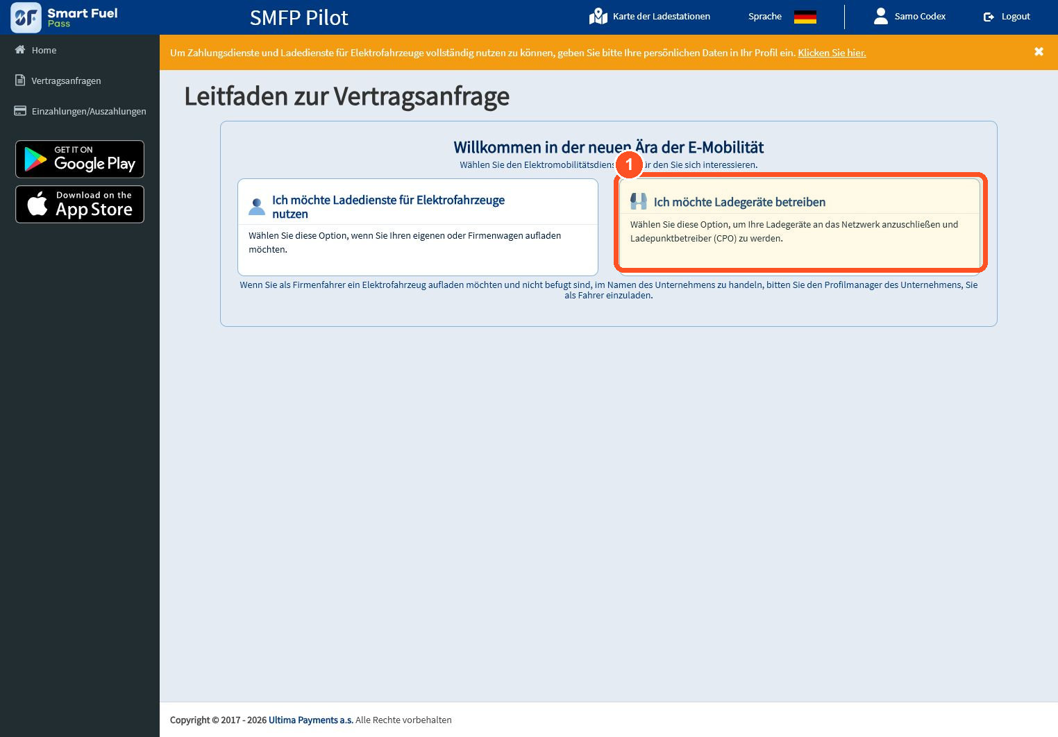 Wählen Sie im Vertragsassistenten Ich möchte Ladegeräte betreiben.
