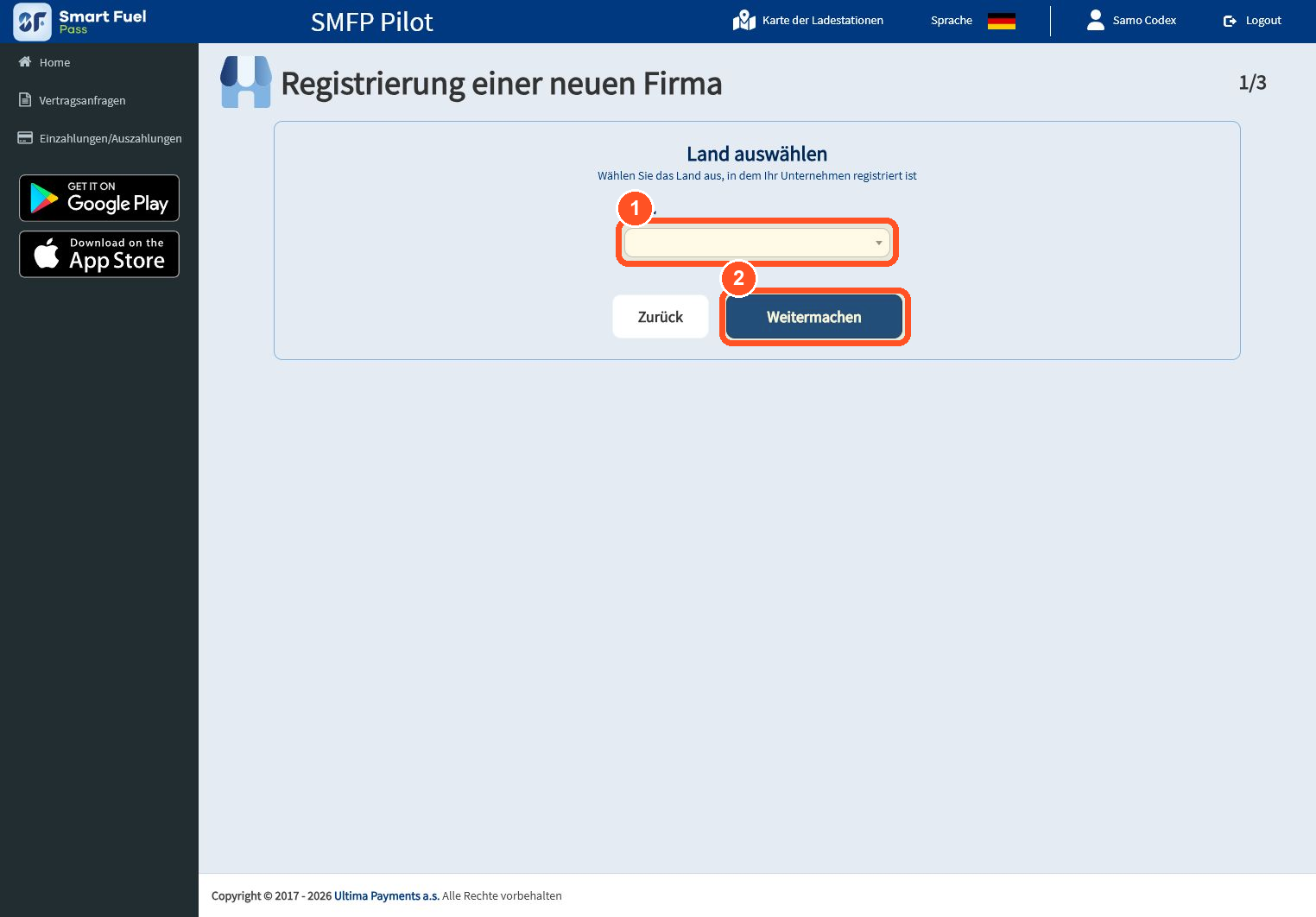 Wählen Sie das Land, in dem das Unternehmen registriert ist.