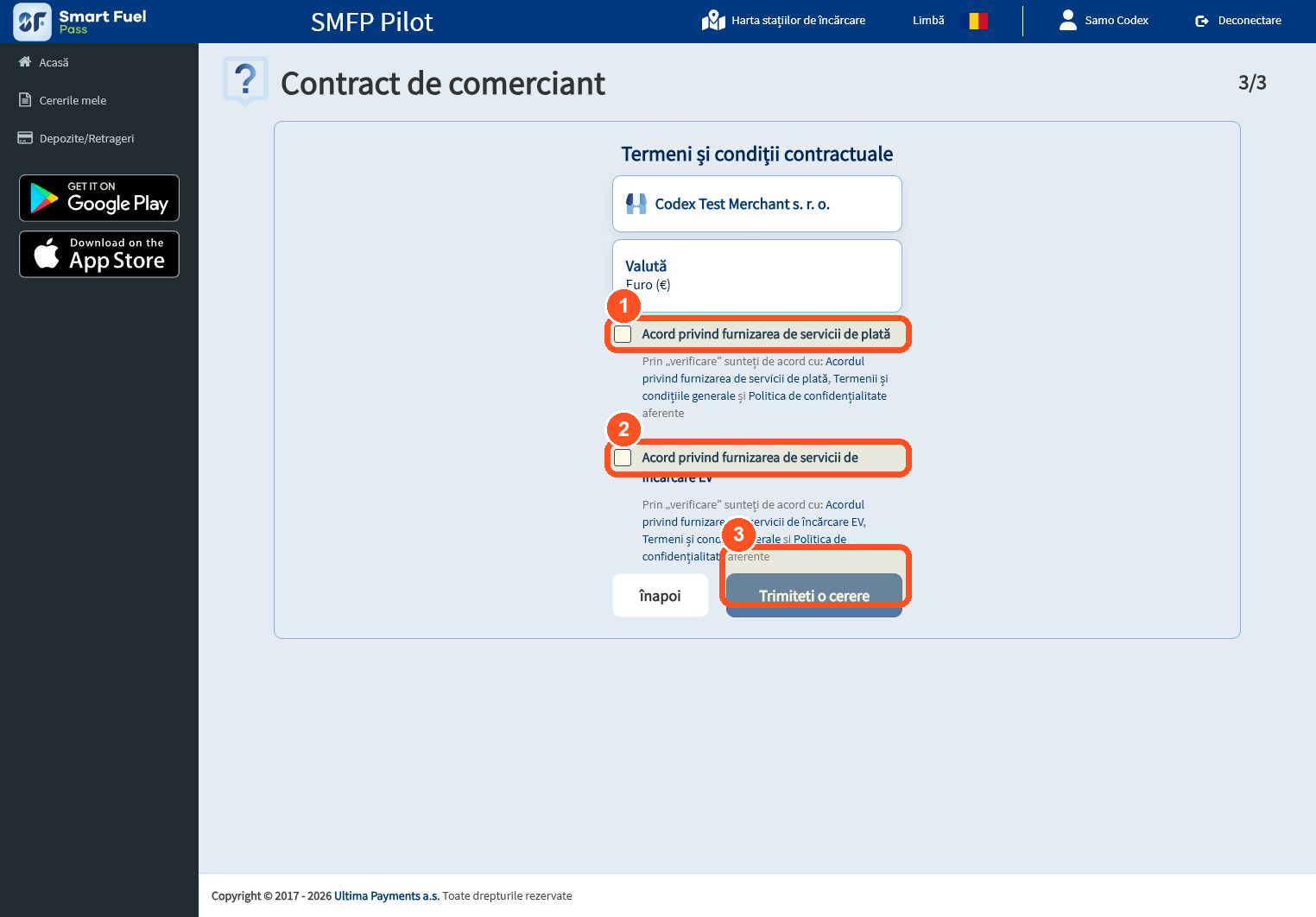 Verificați contractele de servicii de plată și încărcare. Confirmați și trimiteți numai după verificarea codului TVA și a tuturor datelor contractuale.