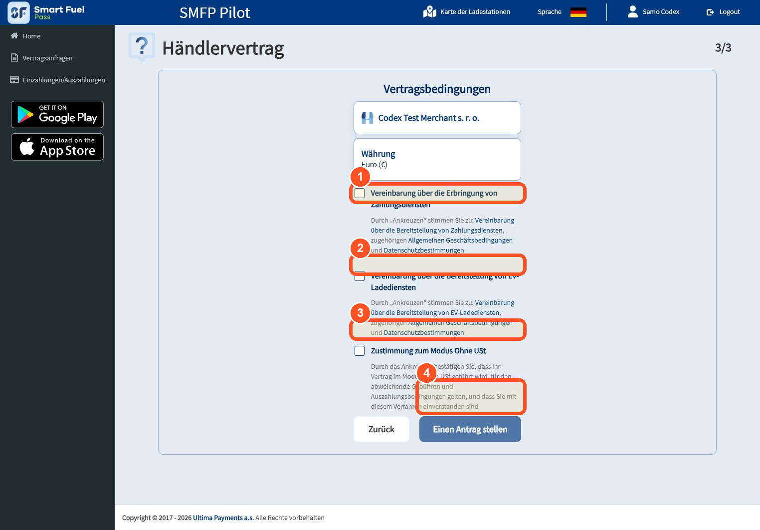 Prüfen Sie Verträge und die besondere Zustimmung zum Modus ohne Umsatzsteuer. Wählen Sie sie nur bei genehmigter steuerlicher Behandlung und senden Sie dann den Antrag.