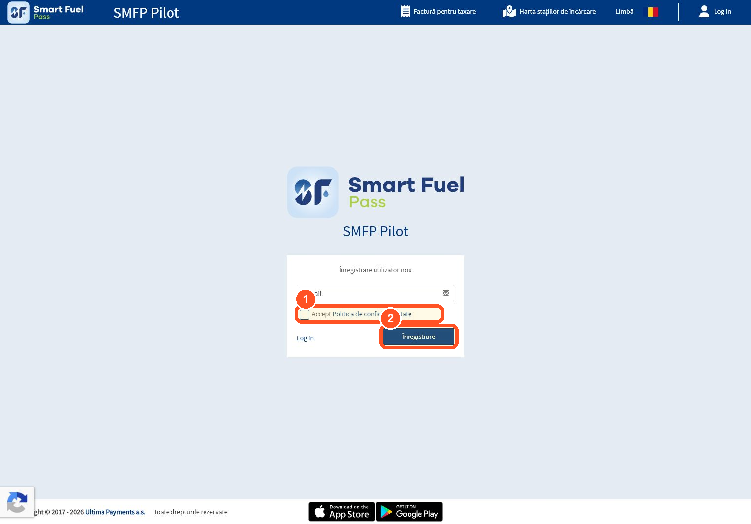 Dacă nu aveți profil personal, selectați Înregistrare, acceptați notificarea de confidențialitate și confirmați e-mailul.