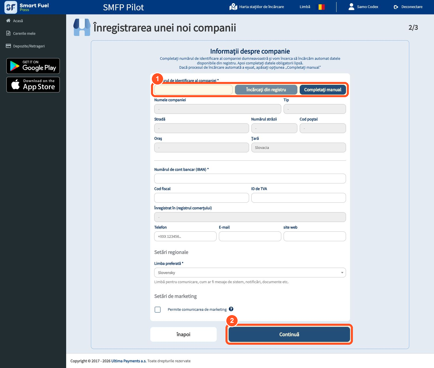 Introduceți datele companiei, IBAN-ul, contactele și reprezentanții exact conform registrului oficial.