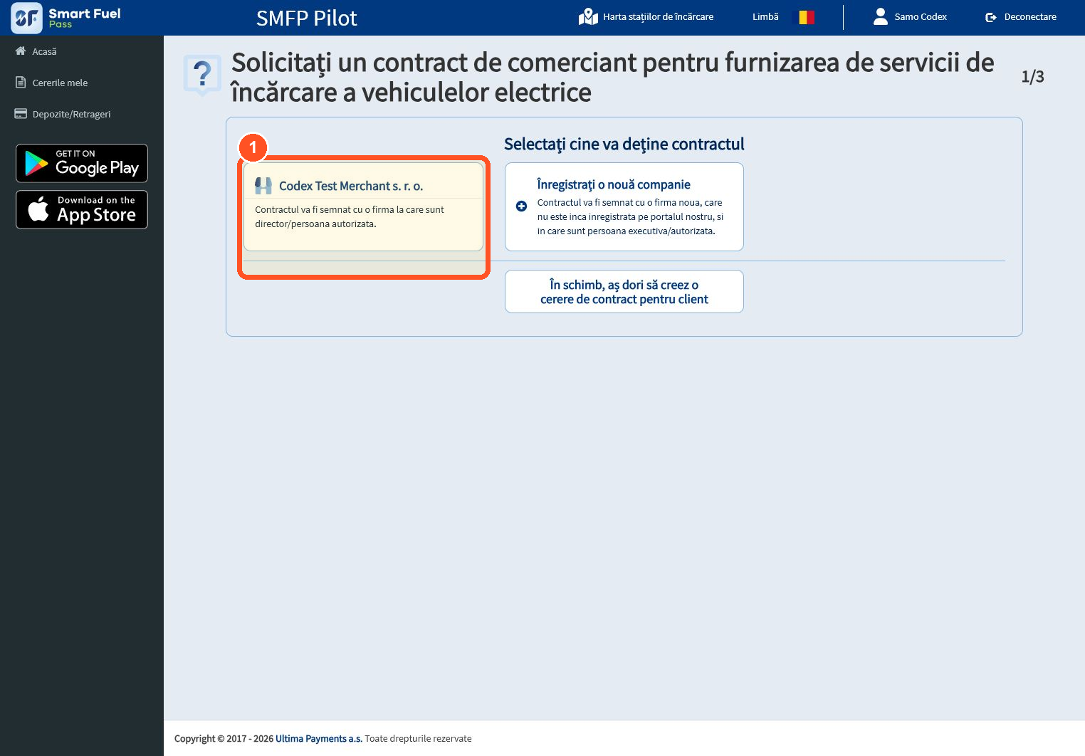 După salvare, selectați compania ca titular al cererii de contract de comerciant.