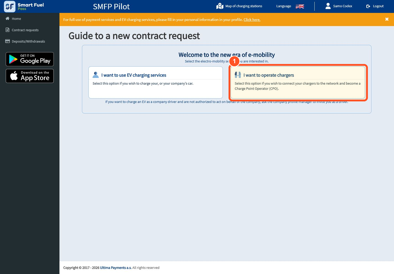 On the contract guide, choose I want to operate chargers.