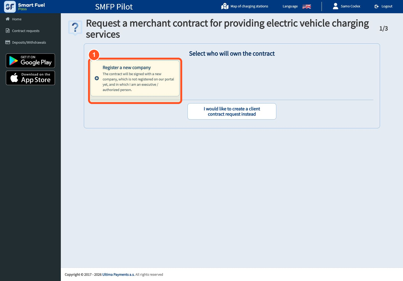 Choose Register a new company when the company that owns or operates charging stations is not yet available in your profile.