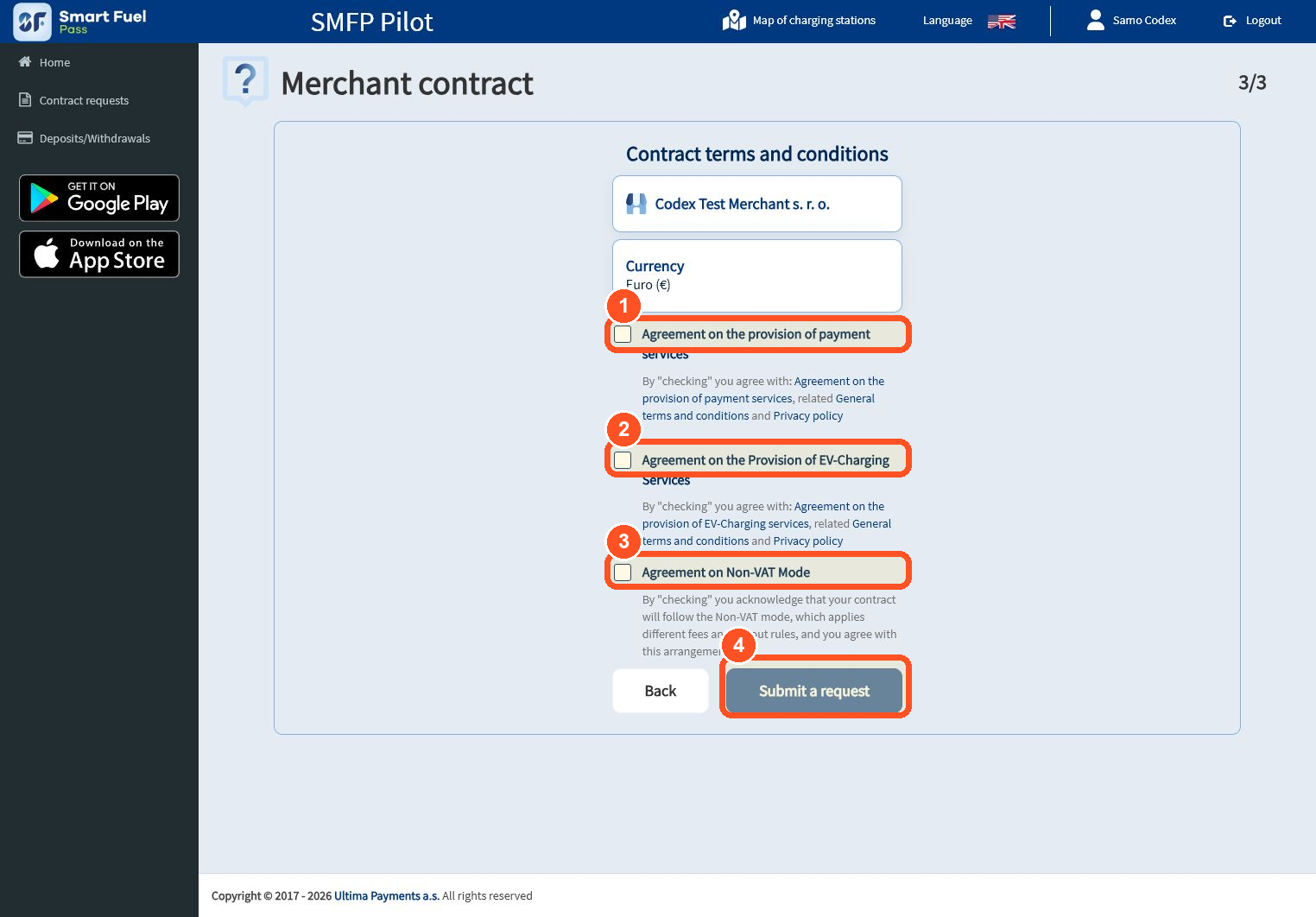 Review the agreements and explicitly review the No-VAT consent. Select it only when the no-VAT arrangement has been approved for this charging-station owner or operator, then submit the request.