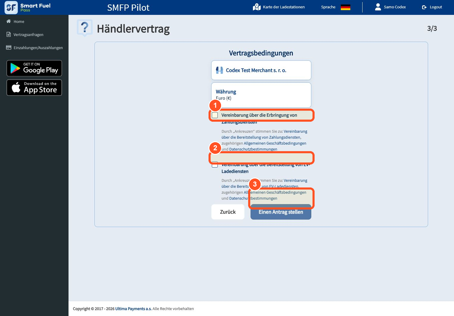 Prüfen Sie Zahlungs- und Ladedienstvertrag. Bestätigen und senden Sie erst, wenn USt-IdNr. und alle Vertragsdaten korrekt geprüft wurden.