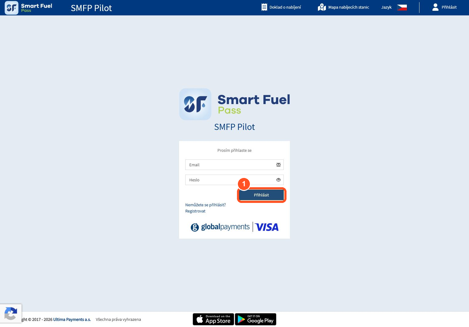 Otevřete portál Smart Fuel Pass a přihlaste se.