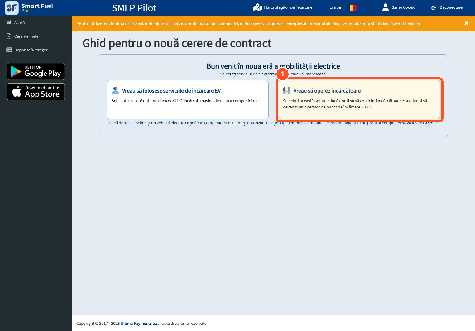 În ghidul de contract selectați opțiunea de operare a încărcătoarelor.
