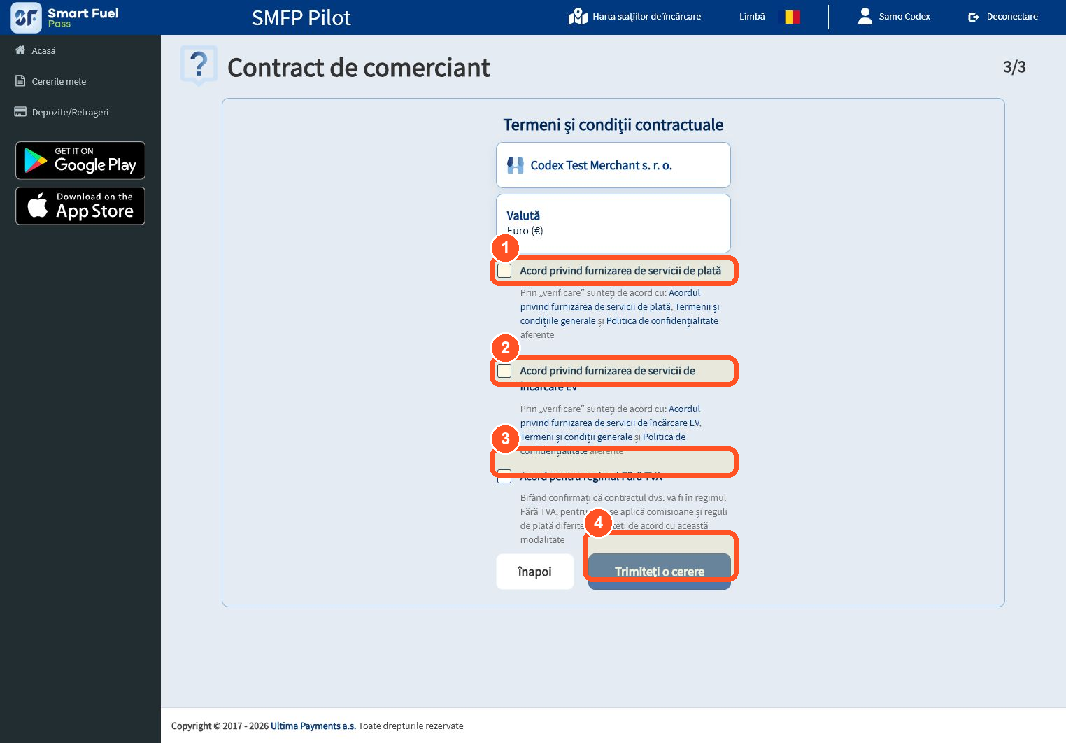 Verificați contractele și acordul separat pentru regimul fără TVA. Selectați-l numai dacă acest regim a fost aprobat pentru proprietarul sau operatorul stației de încărcare, apoi trimiteți cererea.